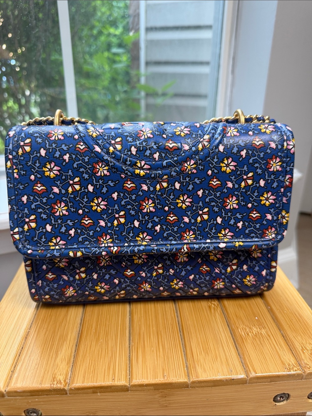 Tory Burch Blue Floral Quilted Shoulder Bag